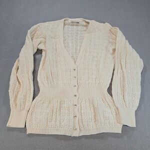 Pringle of Scotland Cardigan Womens M Cream Cotton Pointelle Peplum Puff Sleeve